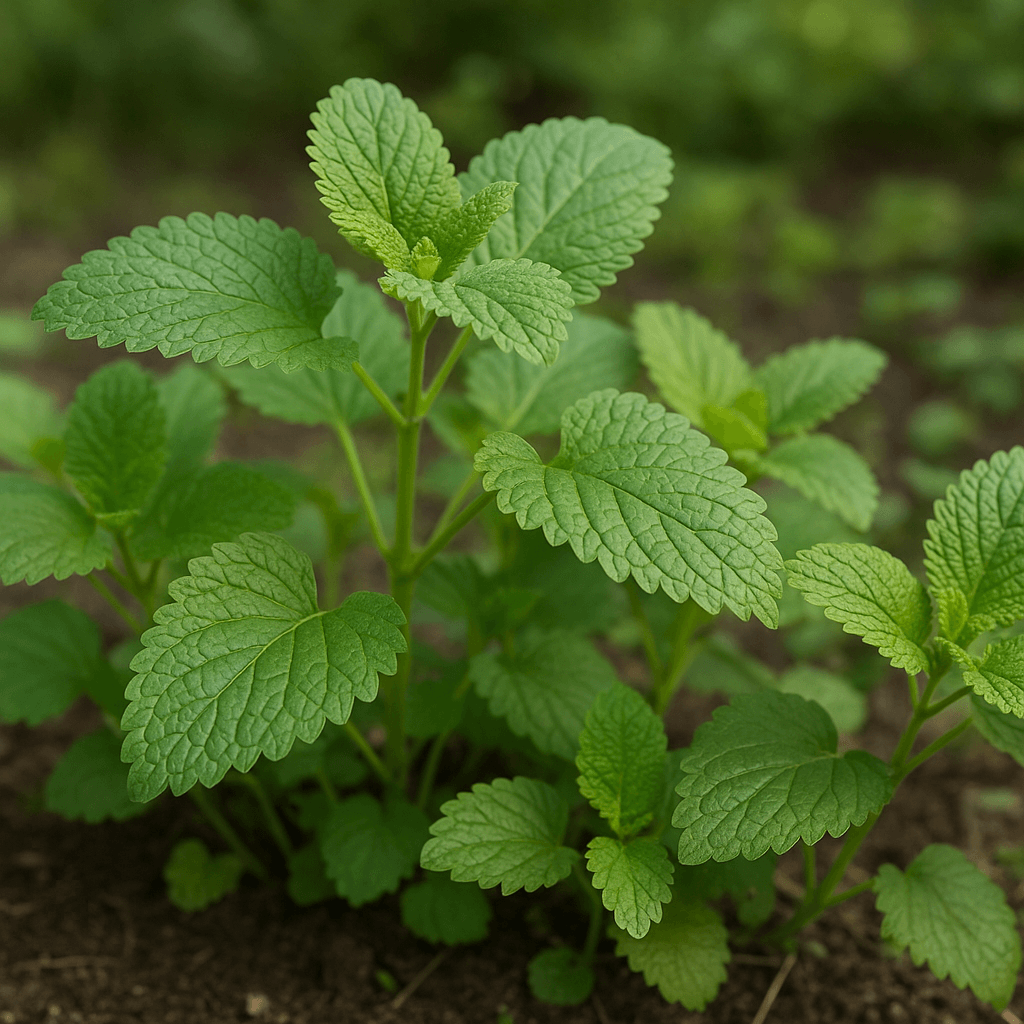 Feuilles dentées de mélisse officinale observées de près dans leur sol de culture