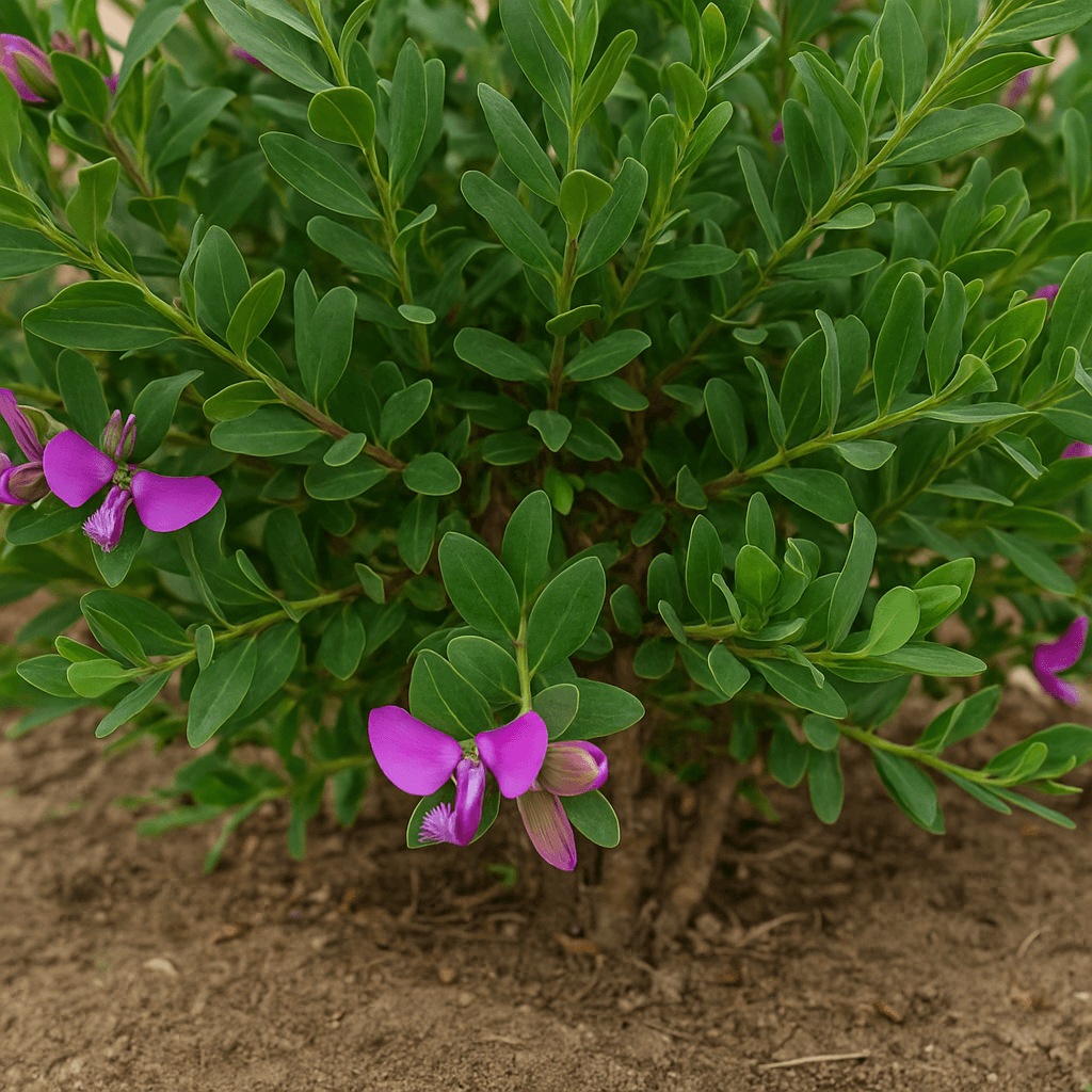 Feuillage et pied d’un polygala myrtifolia observés en détail