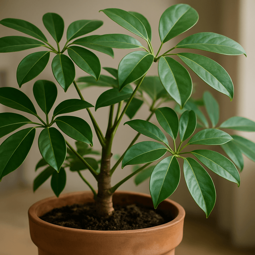 Feuillage détaillé d’un schefflera cultivé en pot