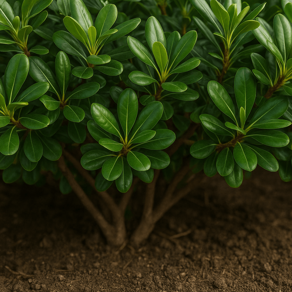 Détail des feuilles vert brillant et des rameaux du pittosporum tobira