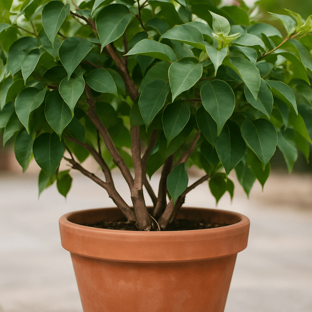 Détail des tiges et du feuillage d’un bougainvillier cultivé en pot