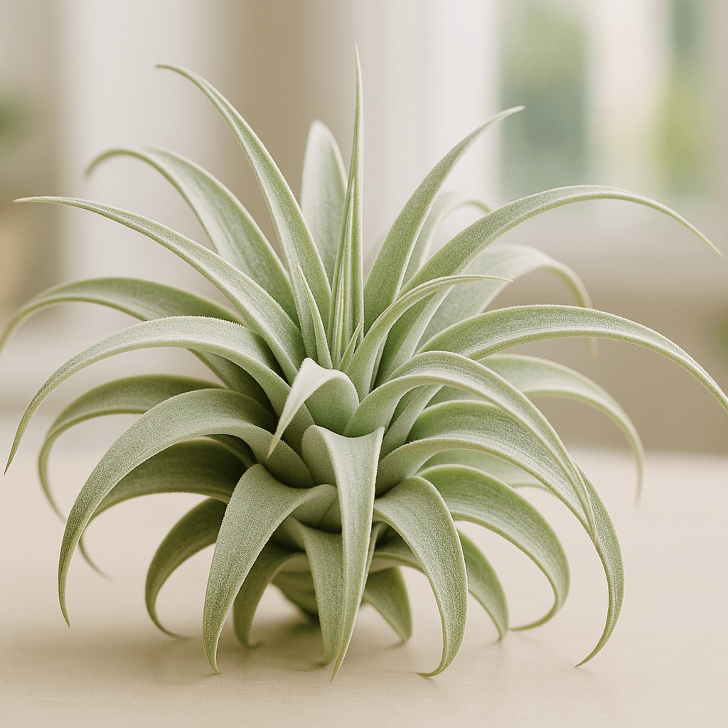 Détail horizontal du feuillage d’un tillandsia placé sur une surface neutre