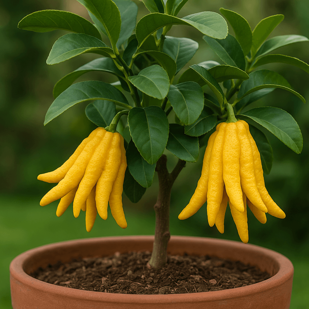 Détail d’un citronnier main de Bouddha en pot montrant feuillage, fruits et substrat