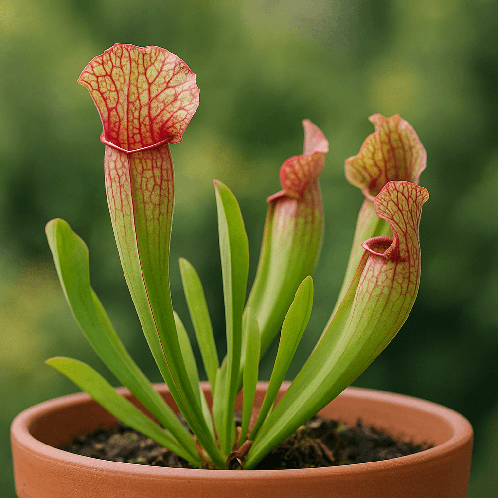 Détail des urnes tubulaires et du feuillage d’une Sarracenia en pot