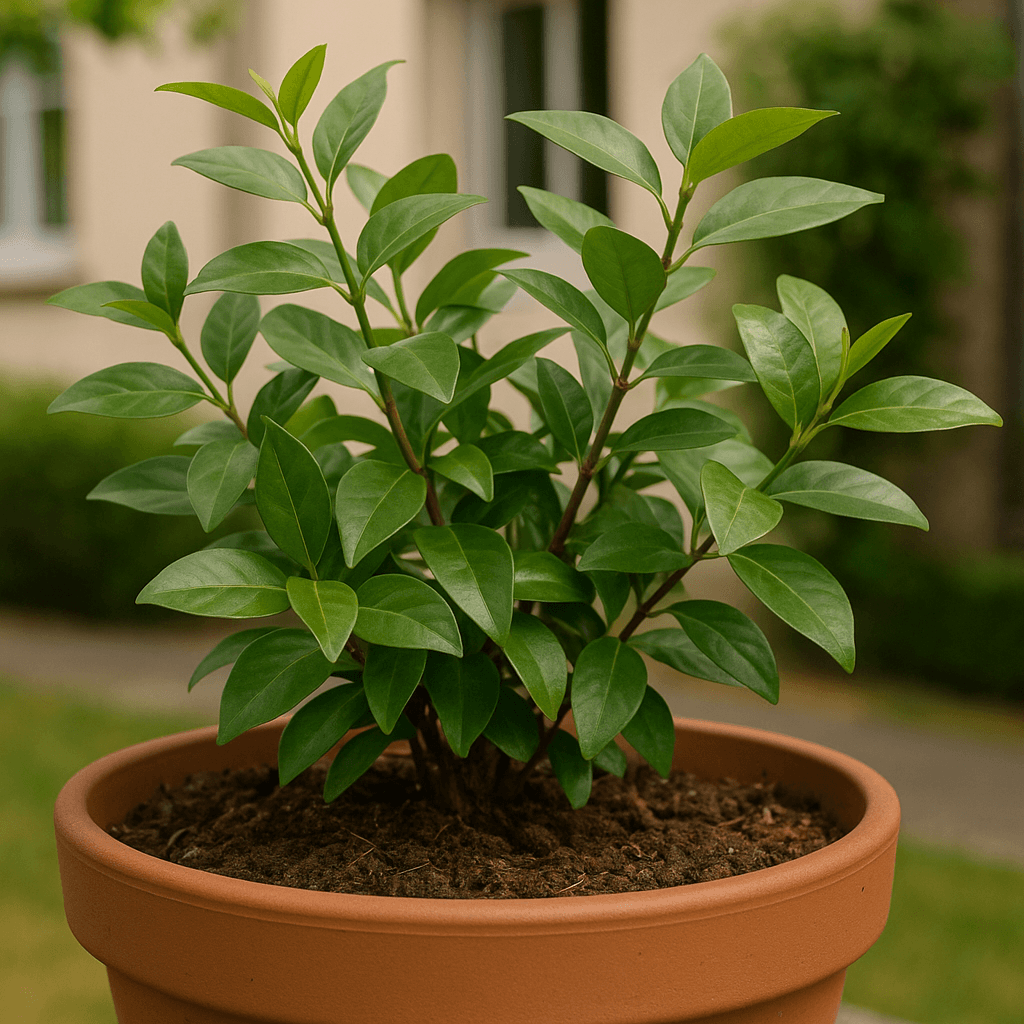 Feuillage et substrat d’un faux jasmin cultivé en pot