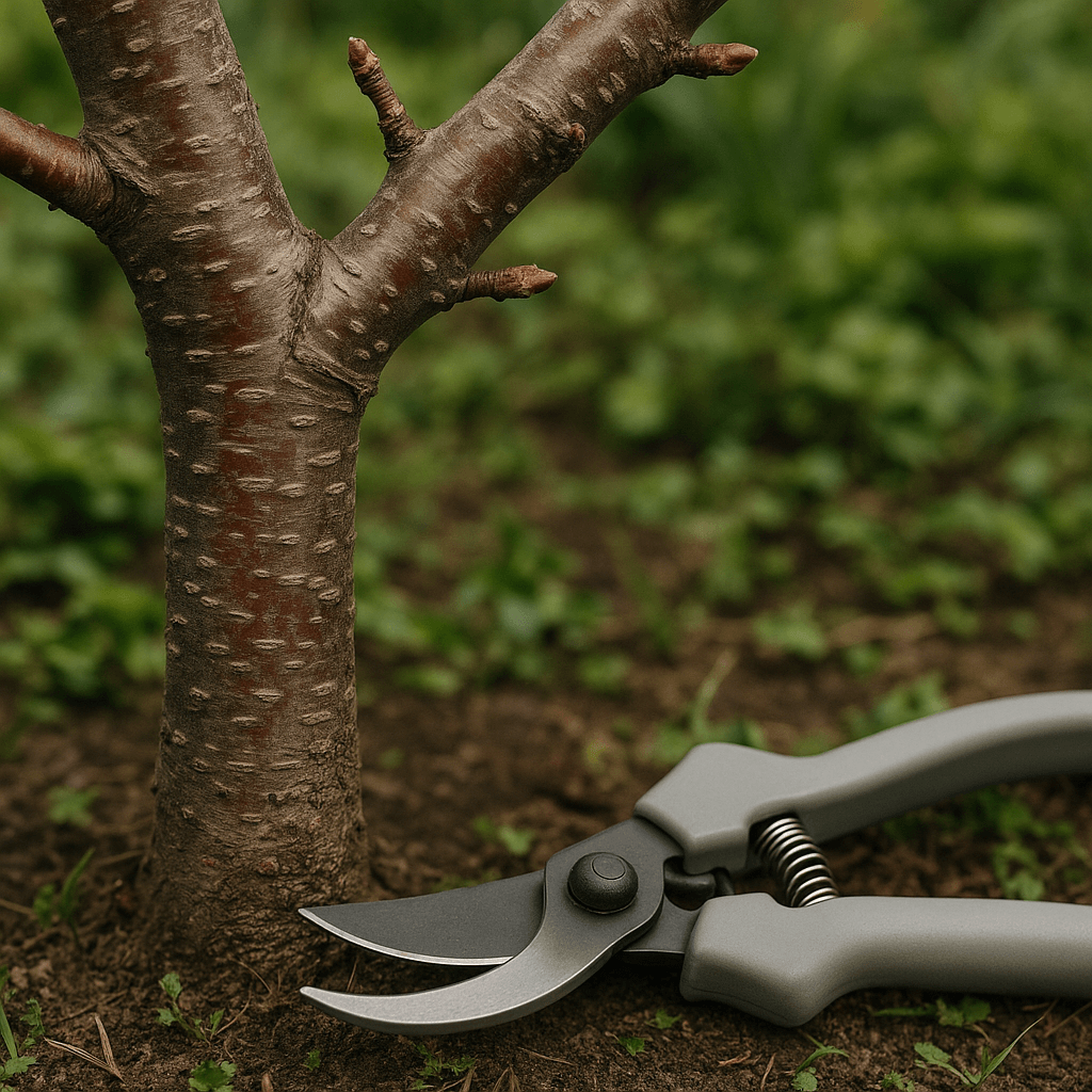 Branche de cerisier observée près d’un sécateur de jardin générique