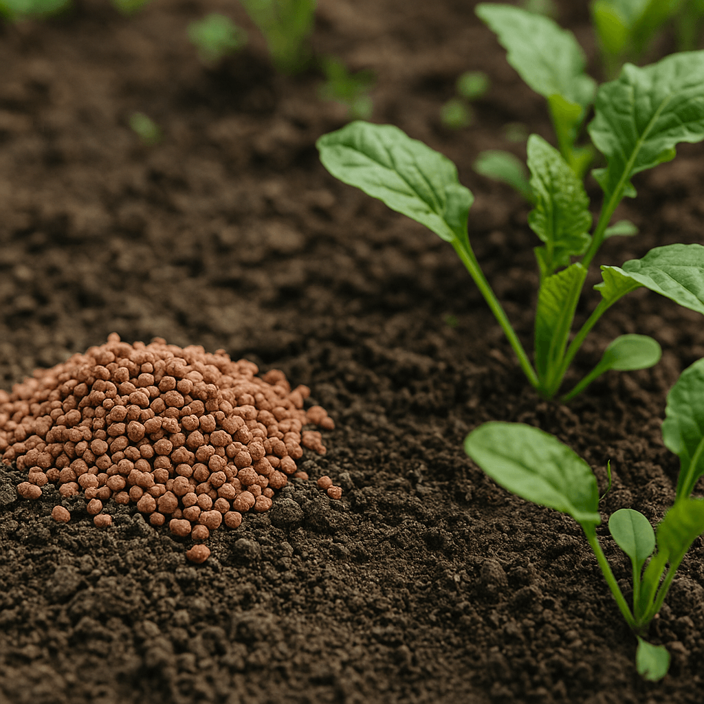 Granulés d’engrais potassique visibles à la surface d’un sol près de jeunes plantes