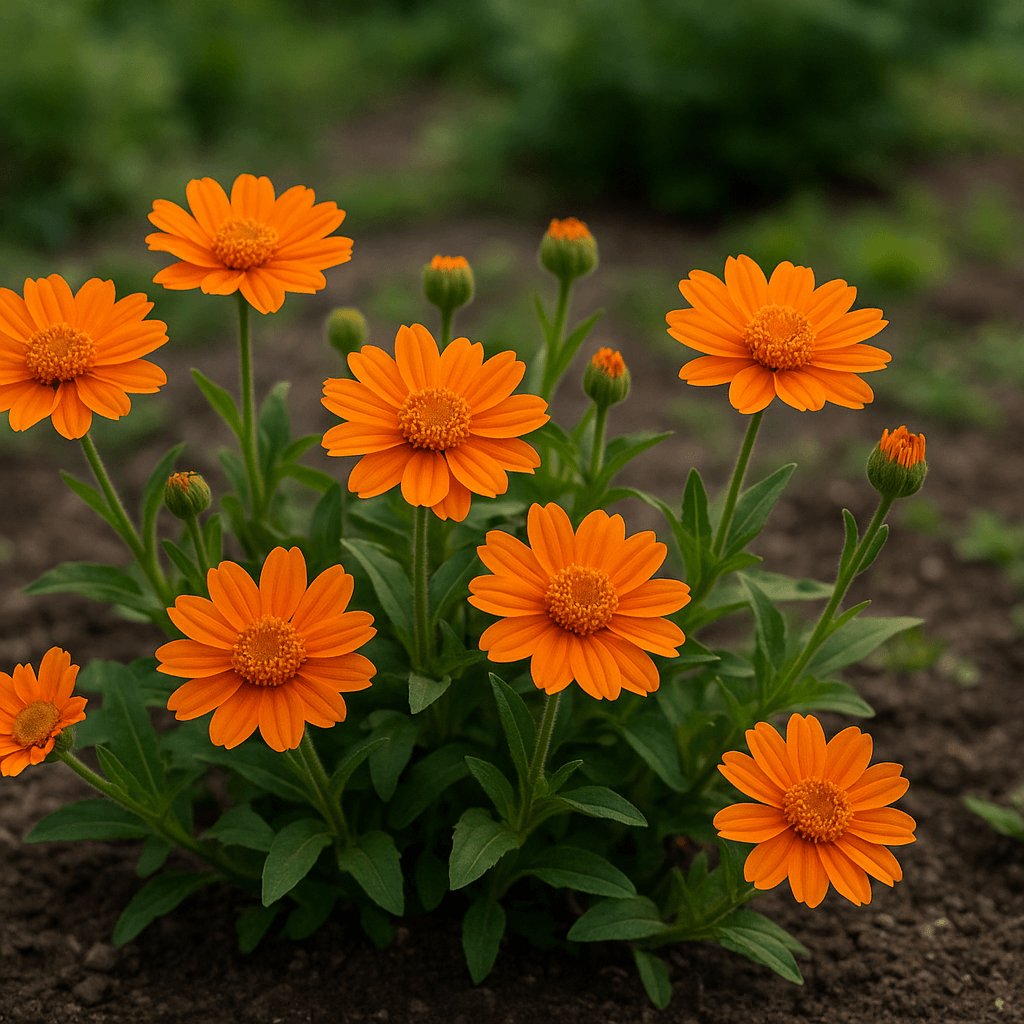Fleurs orange vivaces et feuillage observés en détail dans un massif de jardin