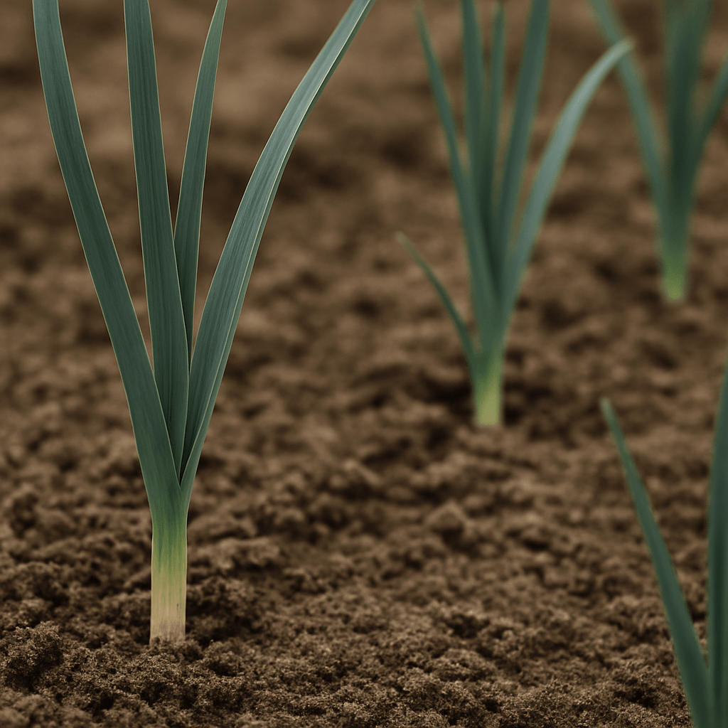 Gros plan sur de jeunes poireaux fraîchement plantés dans une terre meuble