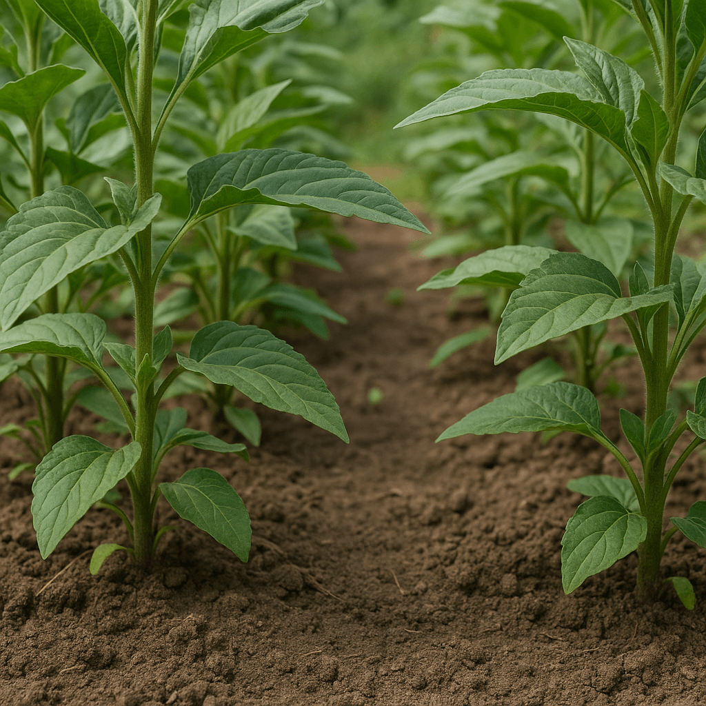 Base de plusieurs pieds d’héliantis visibles dans la terre du potager