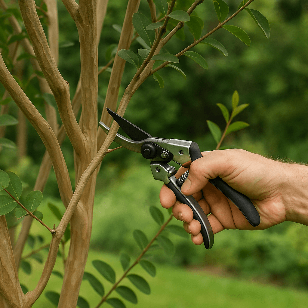 Main taillant une branche fine d’un lilas des Indes avec un sécateur