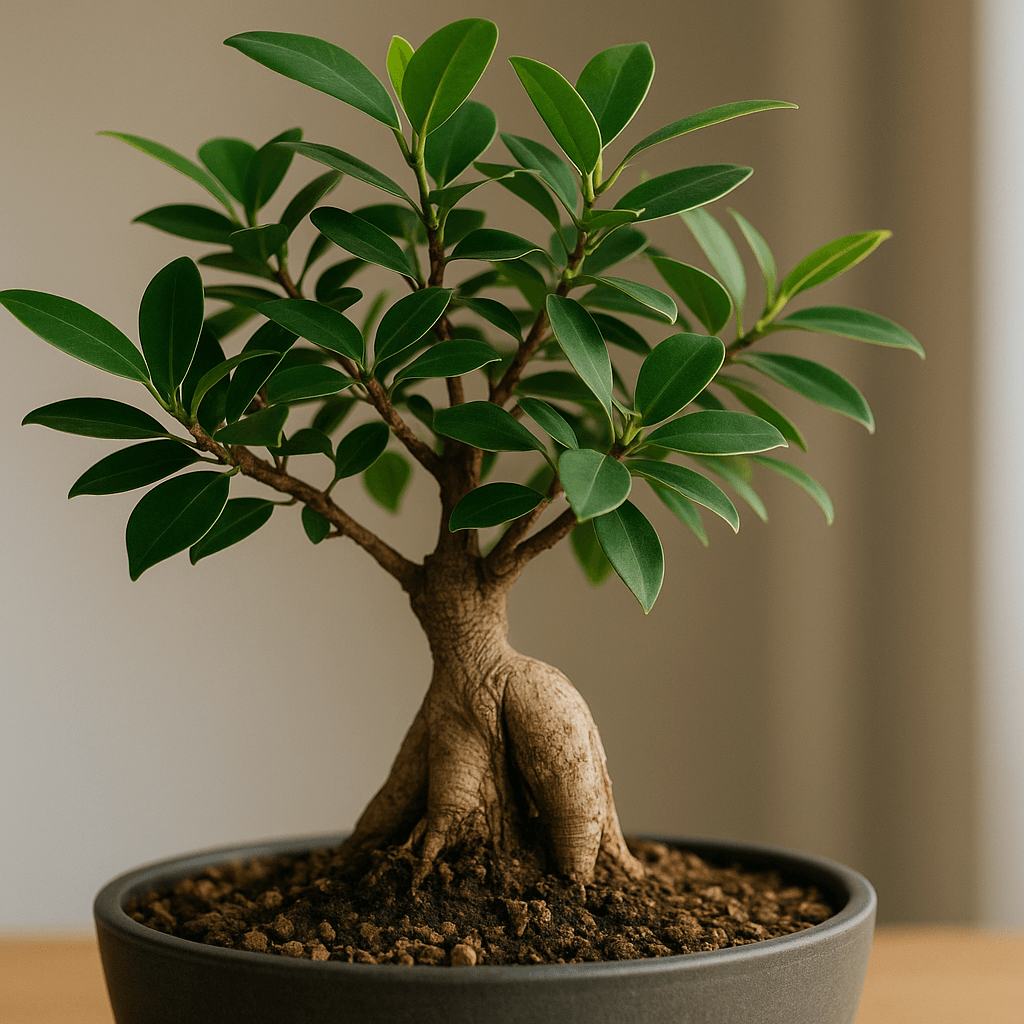 Feuillage et tronc d’un bonsaï ficus observés en gros plan