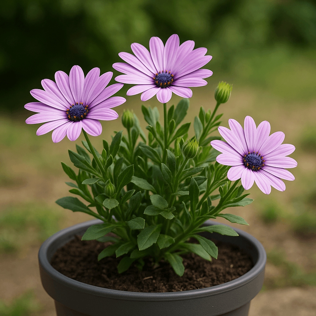Détail du feuillage et des fleurs d’une marguerite du cap en pot