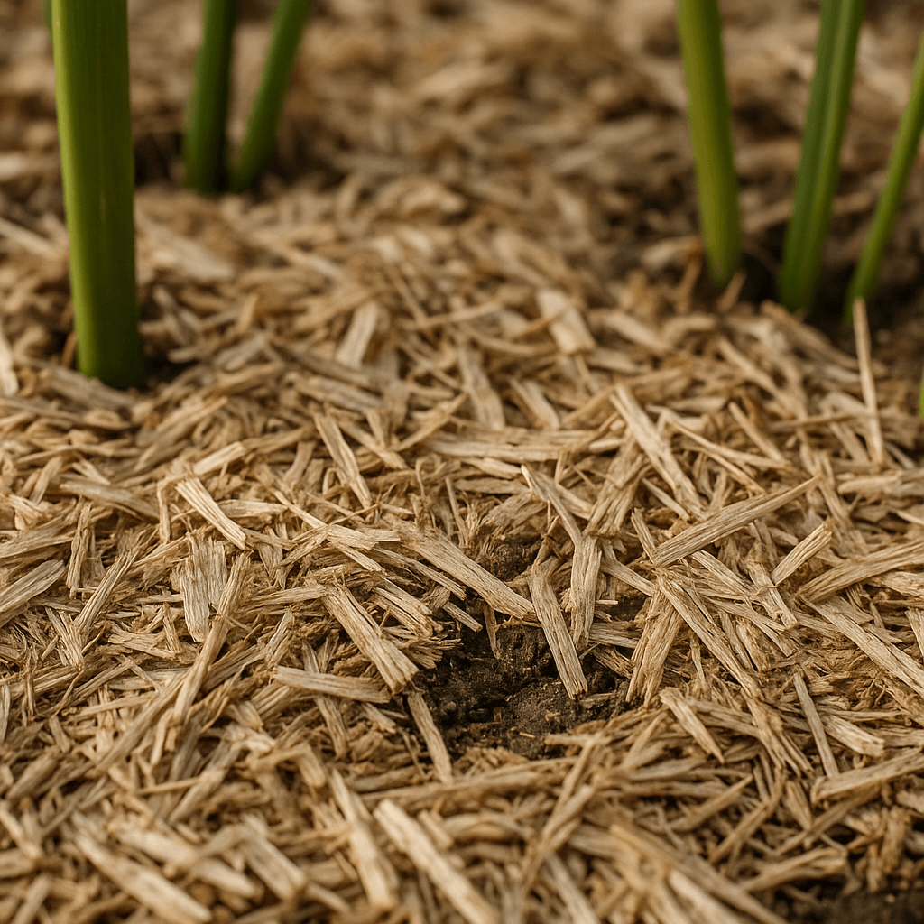 Gros plan sur les fibres du paillage de miscanthus déposées sur la terre