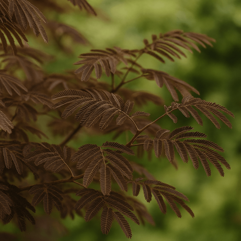 Détail des folioles brun chocolat d’un albizia sur ses rameaux