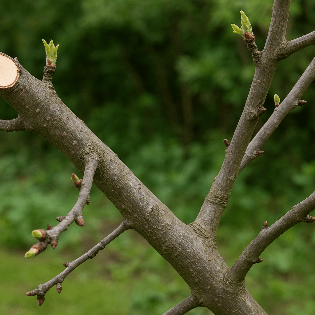 Détail des branches d’un prunier après des coupes de taille nettes