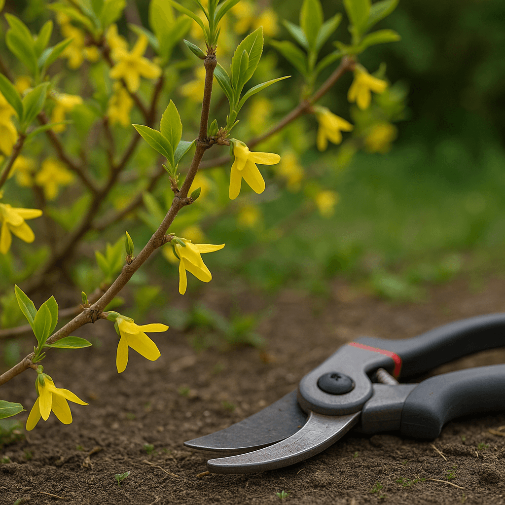 Rameaux de forsythia et sécateur posé près de l’arbuste