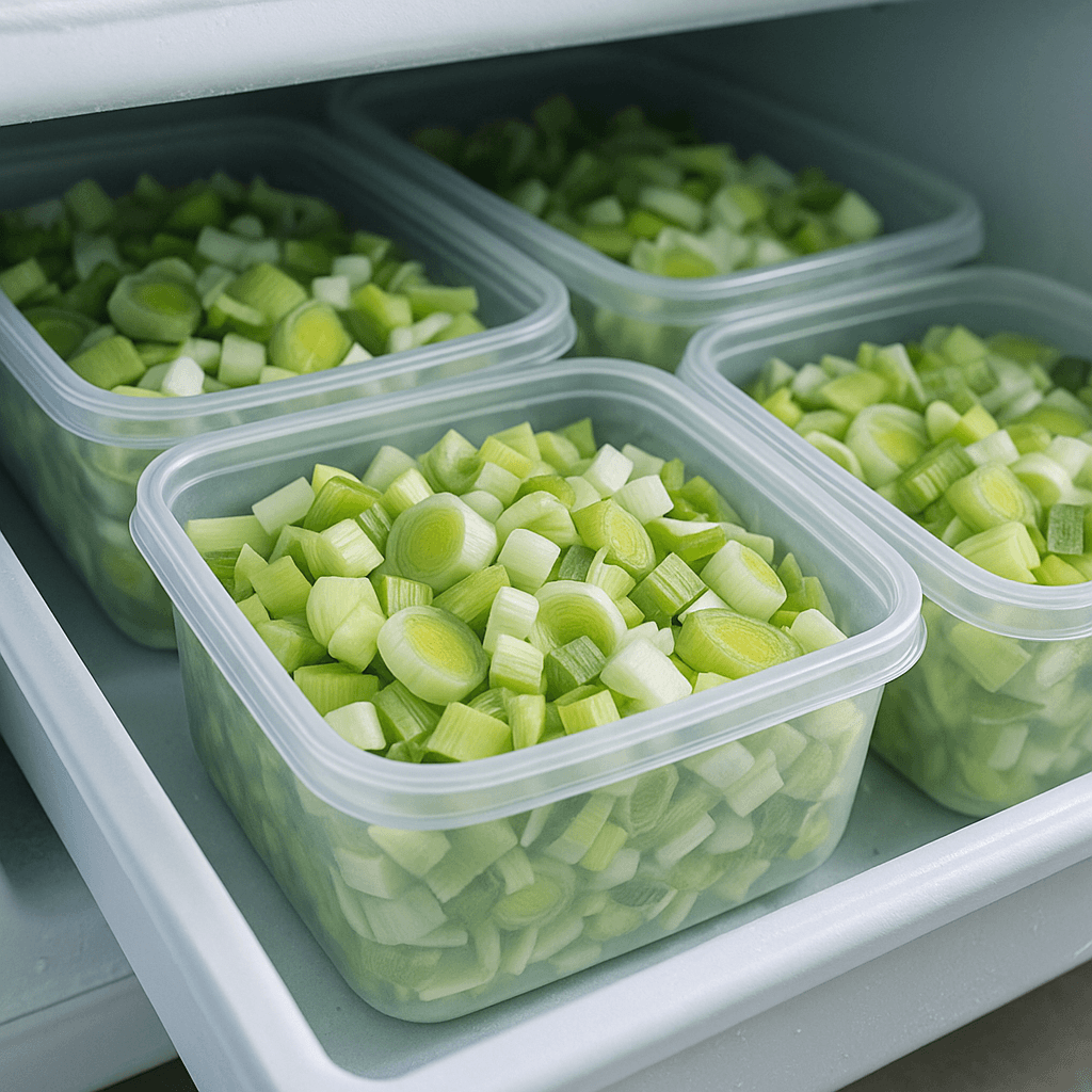 Portions de poireaux visibles dans des contenants transparents rangés dans un congélateur