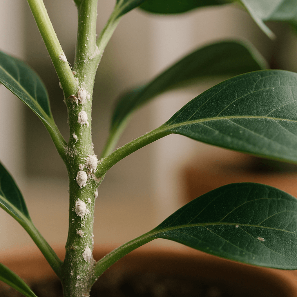 Détail de cochenilles blanchâtres regroupées sur les tiges d’une plante