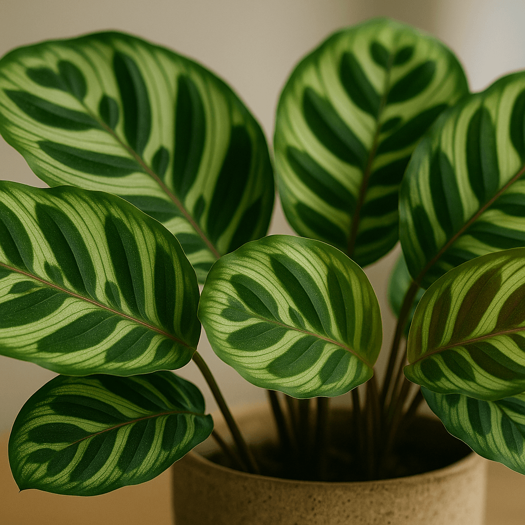Feuilles ornées d’un Calathea makoyana observées en gros plan