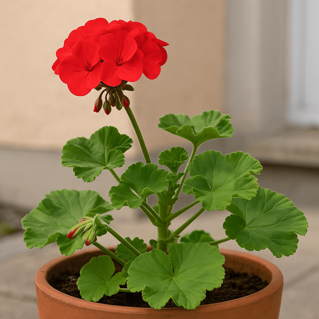 Feuillage et fleurs d’un géranium observés en gros plan dans son pot