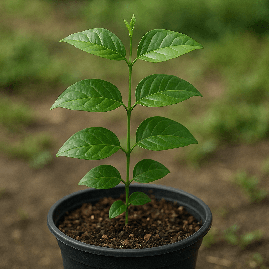 Jeune tige de jasmin installée dans un petit pot de culture